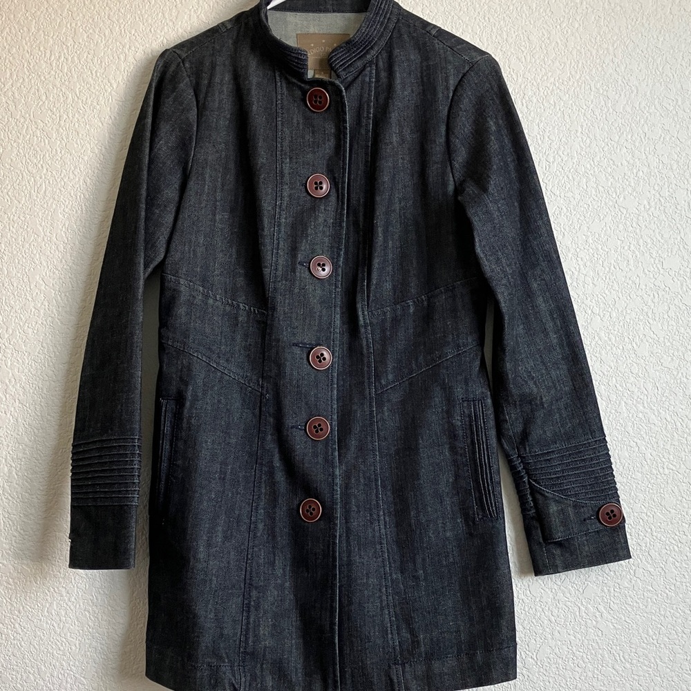 Indigo Palms Dark Blue Denim light weight, knee length, coat size small.